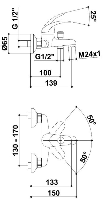 Vaňová nástenná batéria 150mm, s prepínačom, chróm